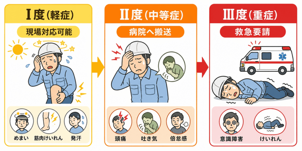 熱中症の重症度をⅠ度・Ⅱ度・Ⅲ度に分け、症状と対応の目安を示した図