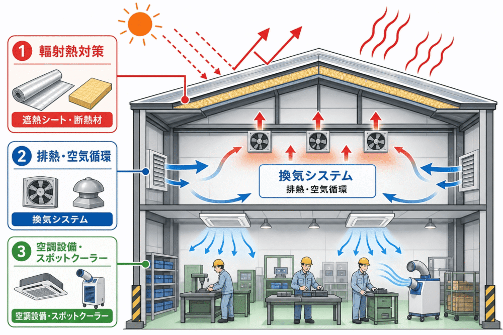 工場の暑さ対策として、遮熱、換気、空調の3つの改善策を示した図