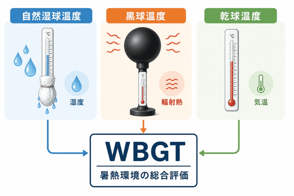WBGT　暑熱環境の総合評価　①自然湿球温度　②黒球温度　③乾球温度