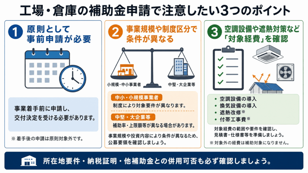 工場・倉庫の補助金申請で注意したい3つのポイント（事前申請・事業規模の条件・対象経費の確認）
