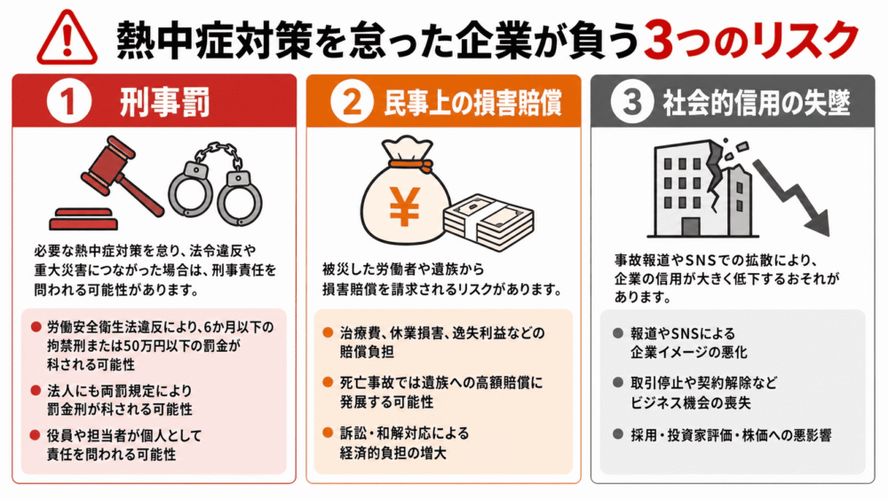 熱中症対策を怠った企業が負う3つのリスク（刑事罰、民事上の損害賠償、社会的信用の失墜）の図解