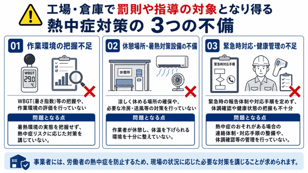 工場・倉庫で罰則や指導の対象となり得る熱中症対策の3つの不備（作業環境の把握不足、休憩場所・設備の不備、緊急時対応・健康管理の不足）の図解