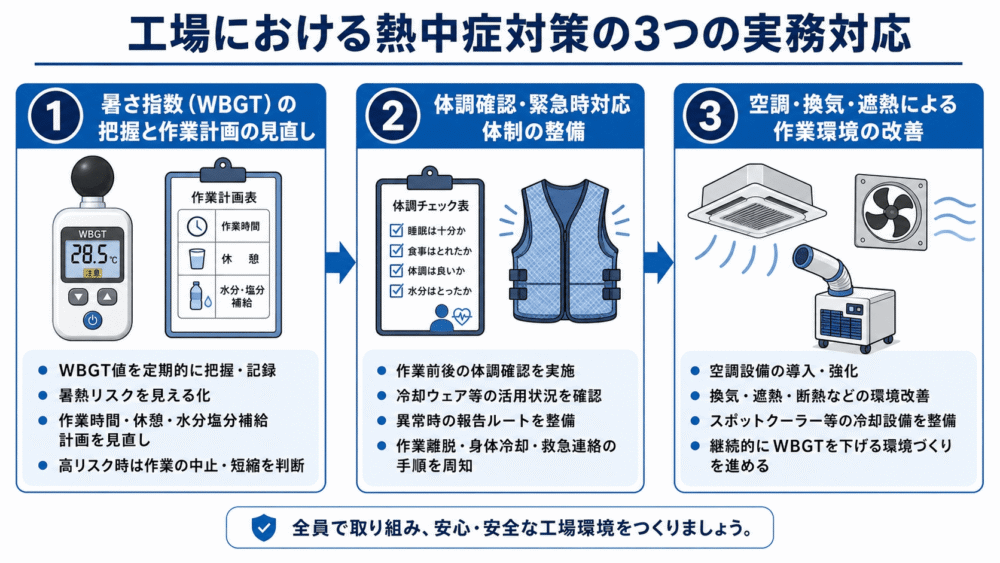 工場における熱中症対策の3つの実務対応（WBGTの把握、体調確認・緊急時対応、作業環境の改善）の図解